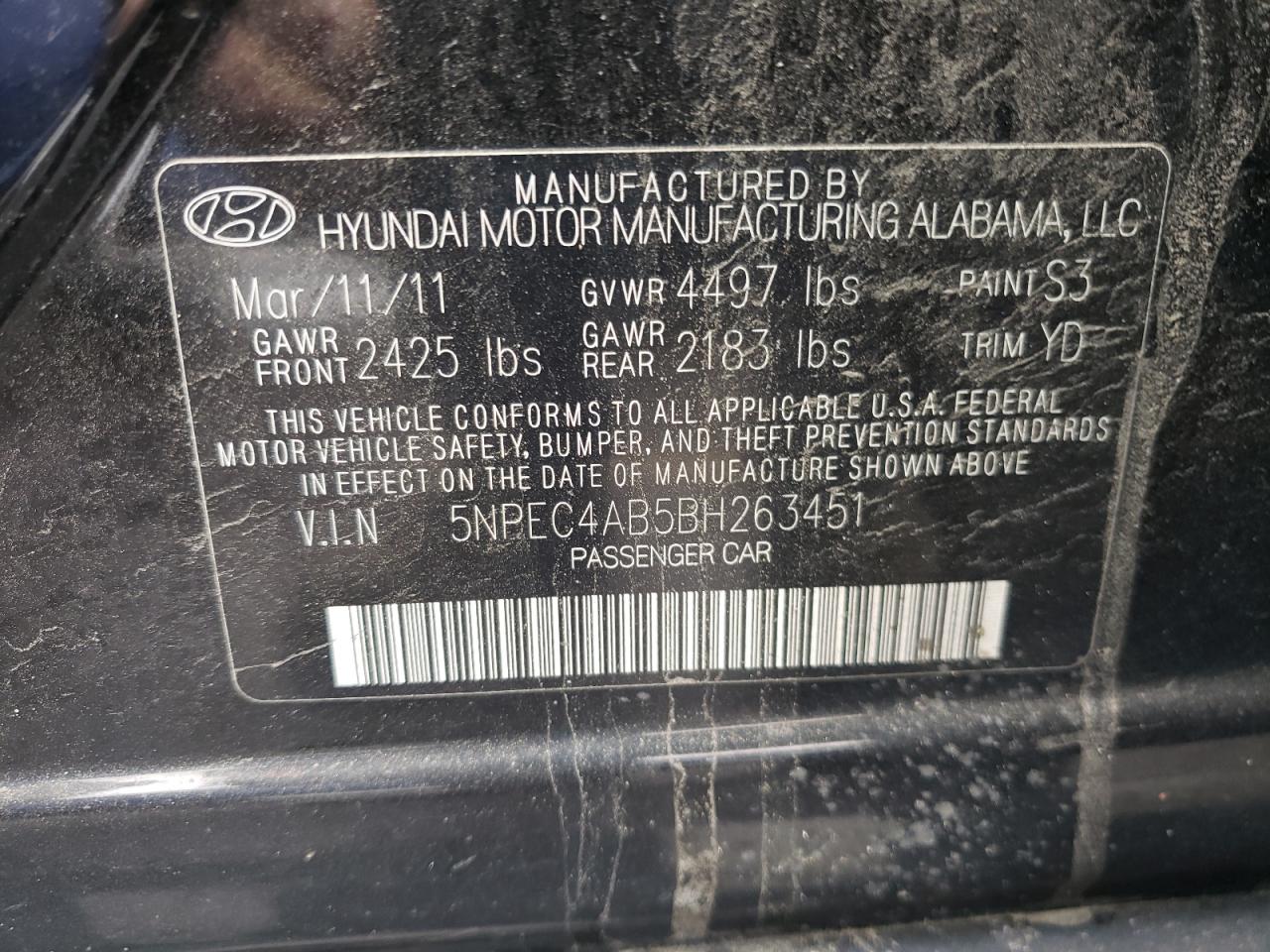 Photo 10 from auction – 2011 HYUNDAI SONATA SE with VIN 5NPEC4AB5BH263451