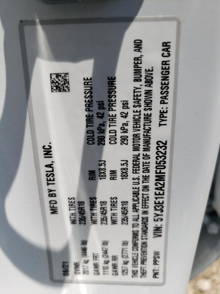 Photo 10 from auction – 2021 TESLA MODEL 3 with VIN 5YJ3E1EA2MF053232