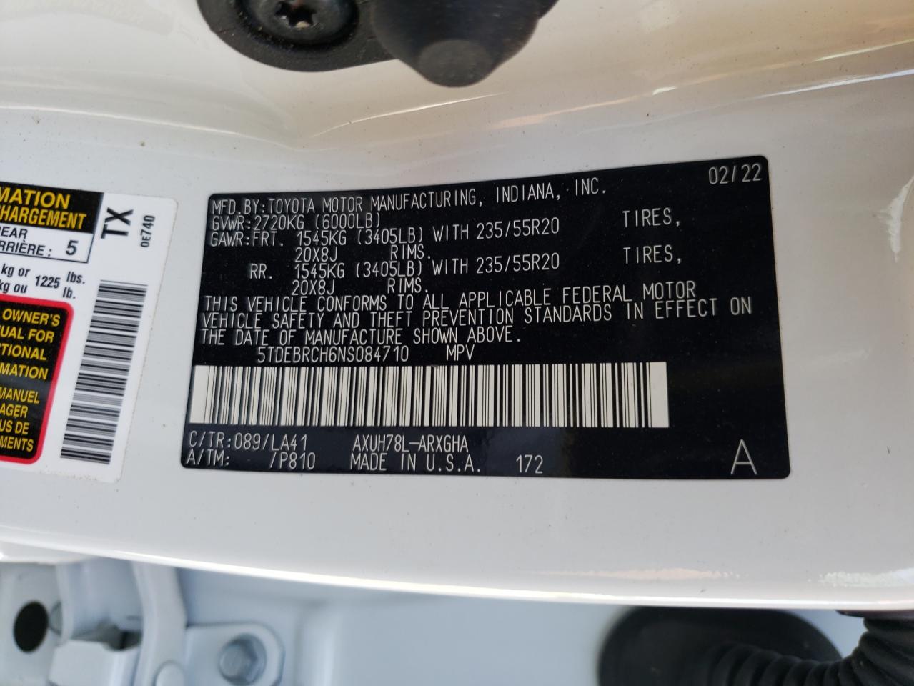 Photo 10 from auction – 2022 TOYOTA HIGHLANDER with VIN 5TDEBRCH6NS084710