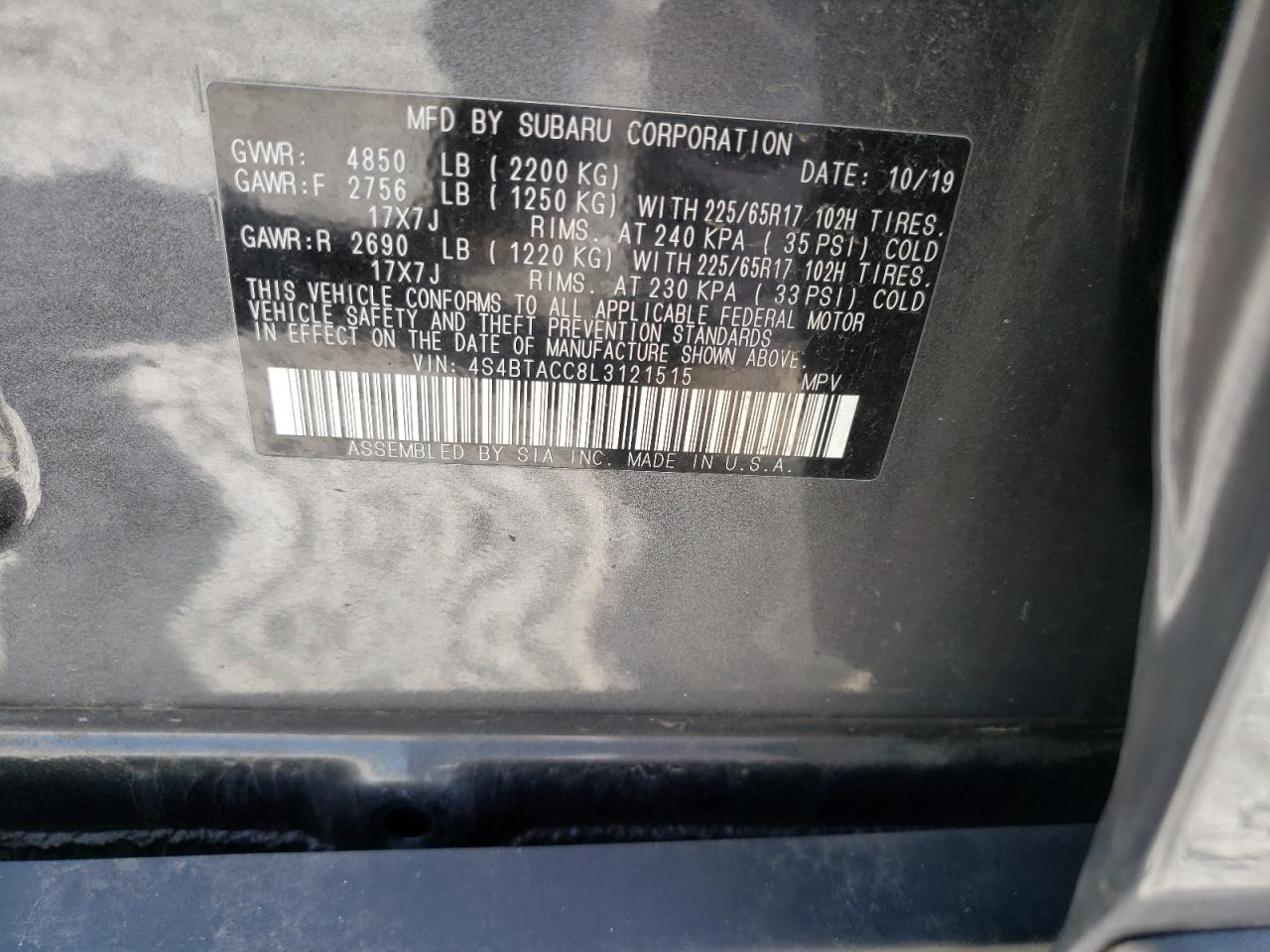 Photo 10 from auction – 2020 SUBARU OUTBACK PR with VIN 4S4BTACC8L3121515