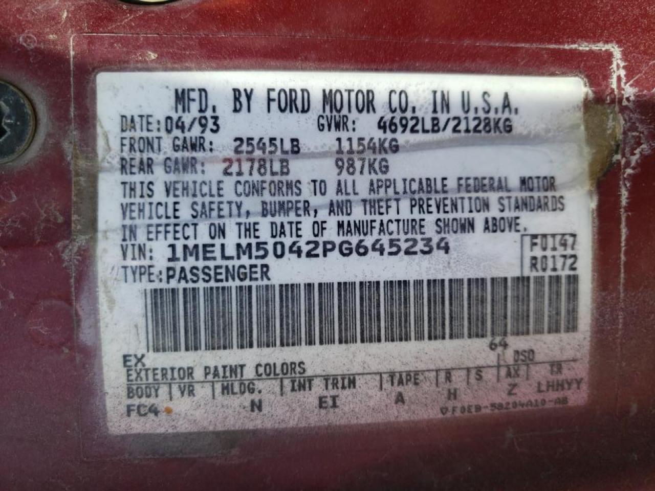 Photo 10 from auction – 1993 MERCURY SABLE GS with VIN 1MELM5042PG645234