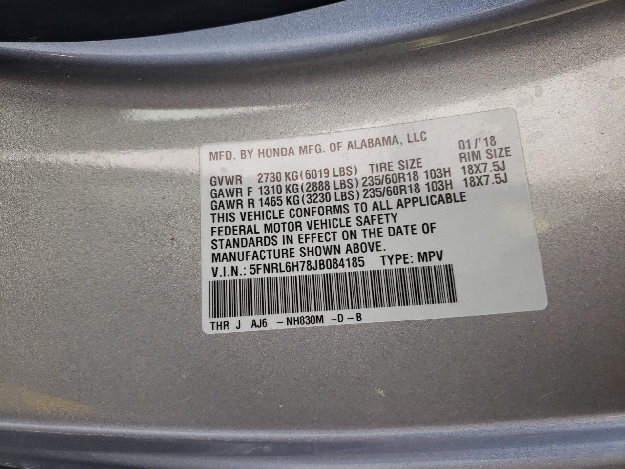 Photo 10 from auction – 2018 HONDA ODYSSEY EX with VIN 5FNRL6H78JB084185