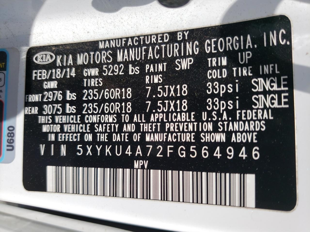 Photo 10 from auction – 2015 KIA SORENTO EX with VIN 5XYKU4A72FG564946
