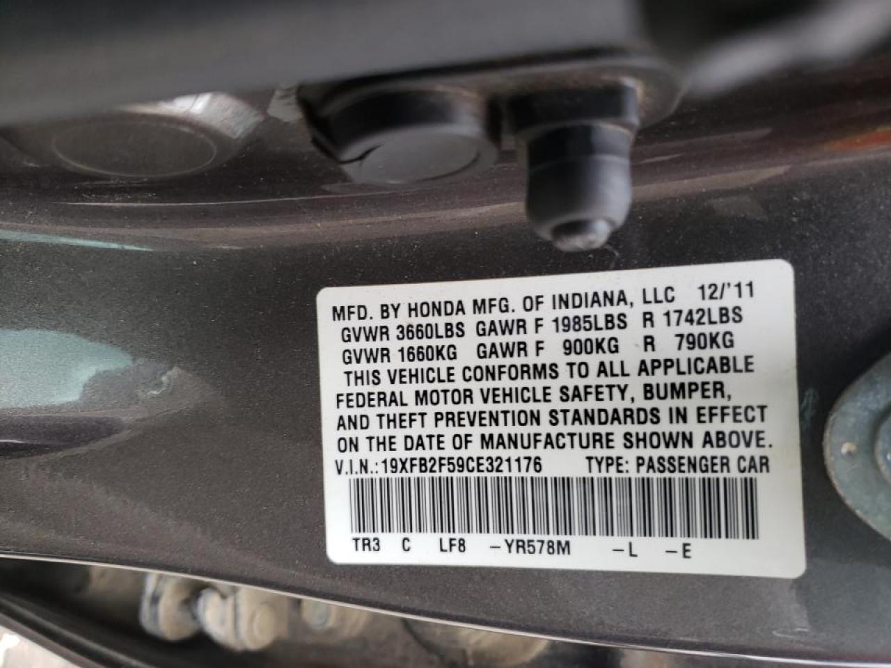 Photo 10 from auction – 2012 HONDA CIVIC LX with VIN 19XFB2F59CE321176