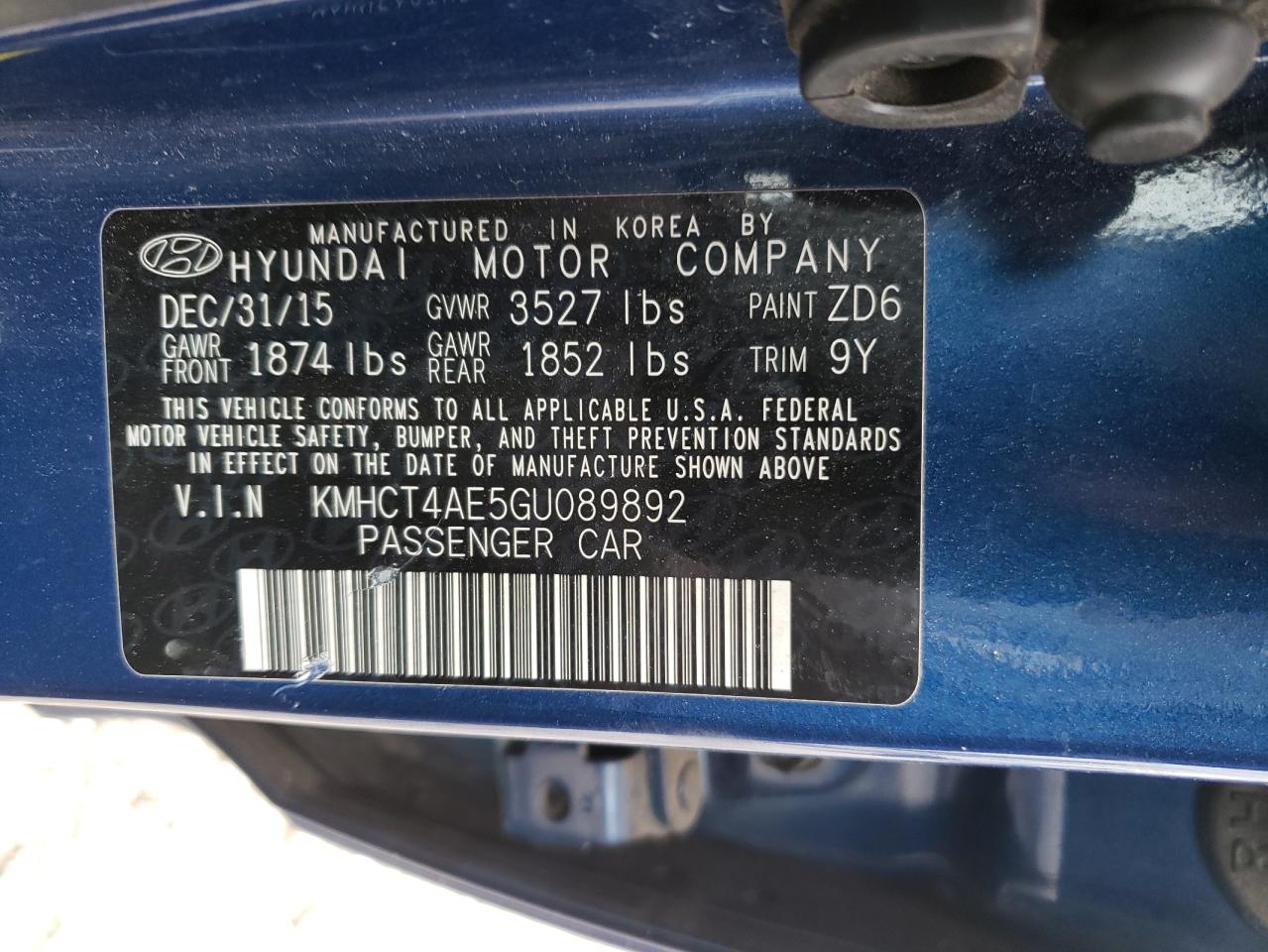 Photo 10 from auction – 2016 HYUNDAI ACCENT SE with VIN KMHCT4AE5GU089892