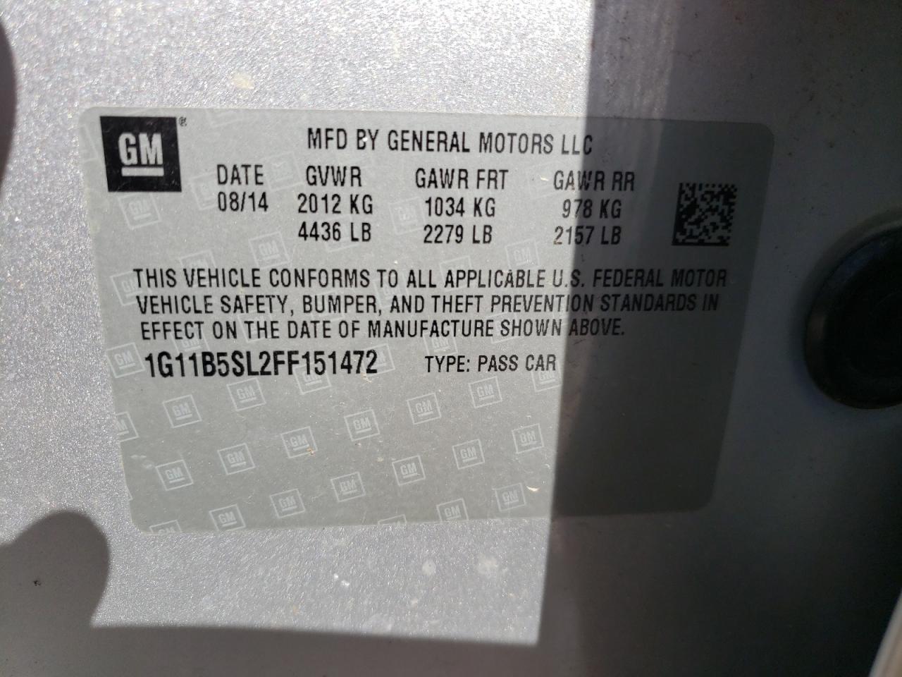 Photo 10 from auction – 2015 CHEVROLET MALIBU LS with VIN 1G11B5SL2FF151472