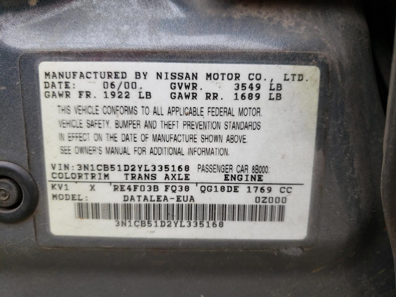 Photo 20 from auction – 2000 NISSAN SENTRA BAS with VIN 3N1CB51D2YL335168