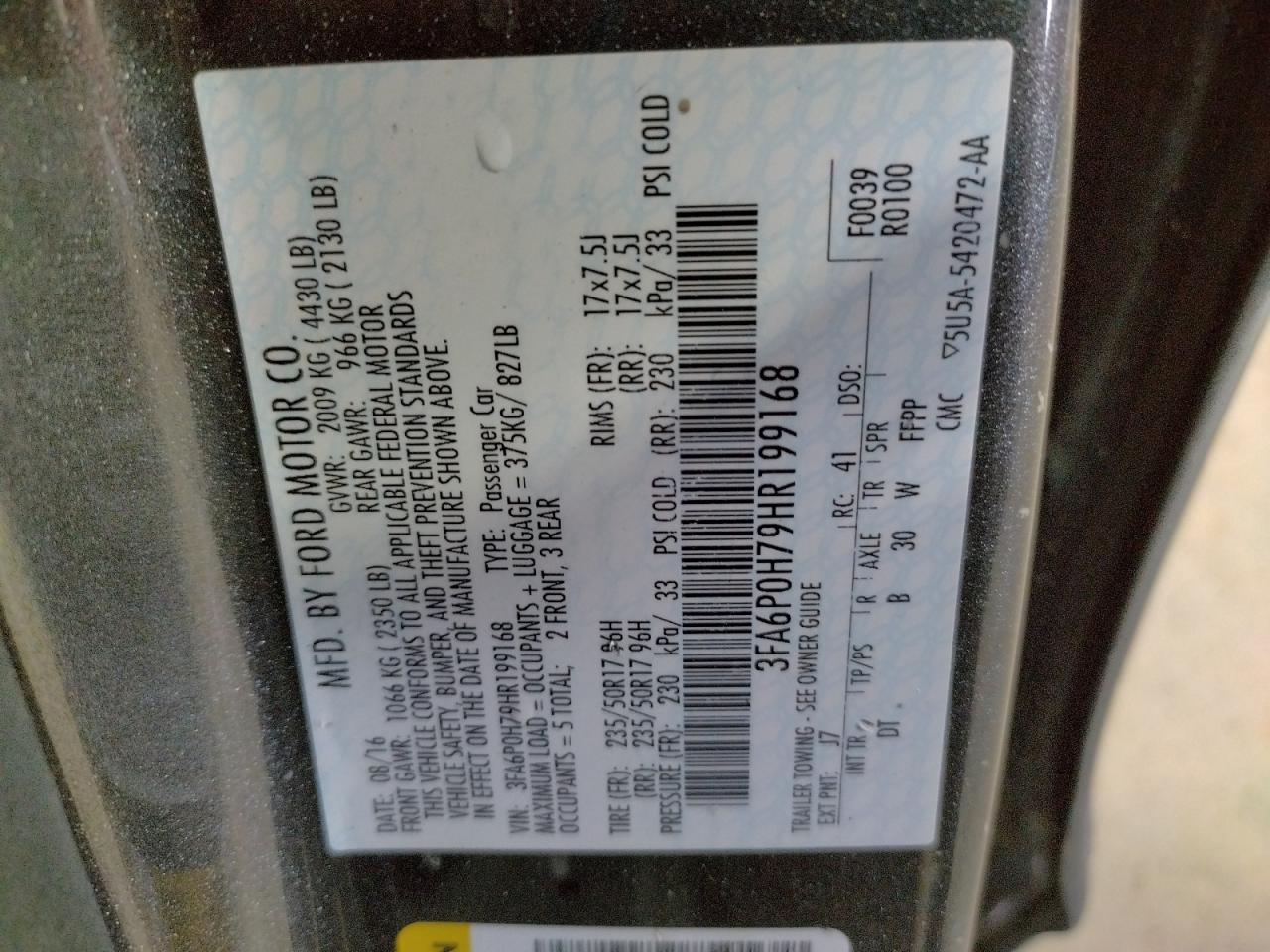 Photo 10 from auction – 2017 FORD FUSION SE with VIN 3FA6P0H79HR199168