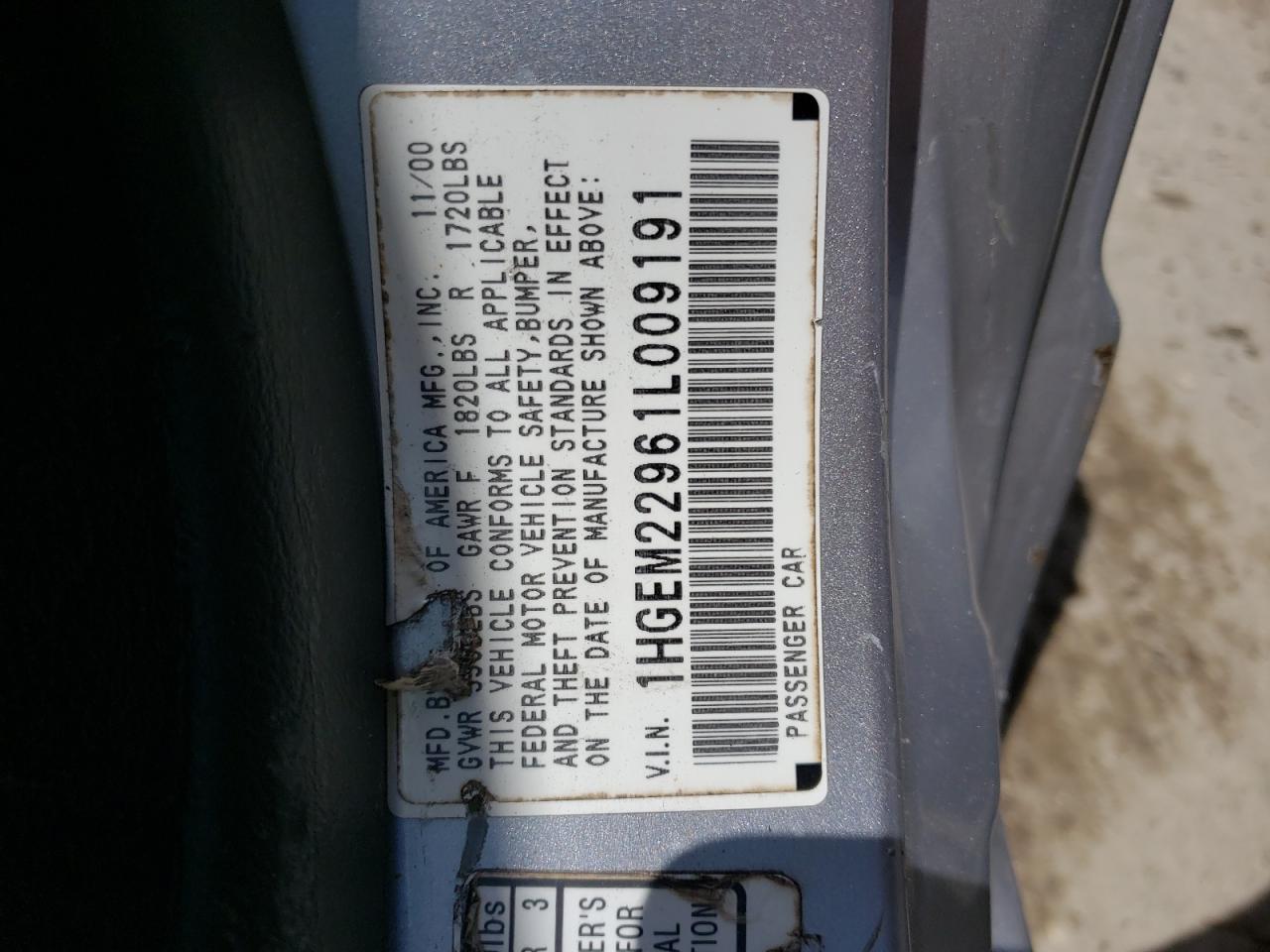 Photo 10 from auction – 2001 HONDA CIVIC SI with VIN 1HGEM22961L009191