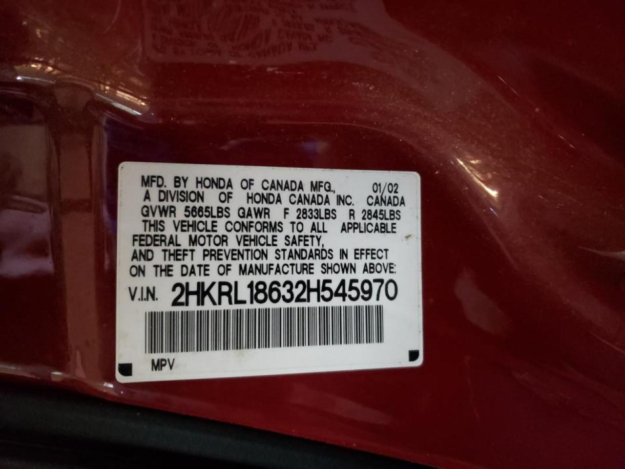 Photo 10 from auction – 2002 HONDA ODYSSEY EX with VIN 2HKRL18632H545970