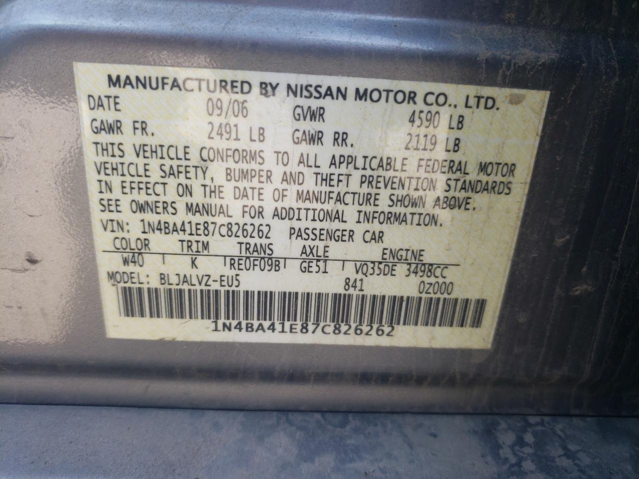 Photo 10 from auction – 2007 NISSAN MAXIMA SE with VIN 1N4BA41E87C826262