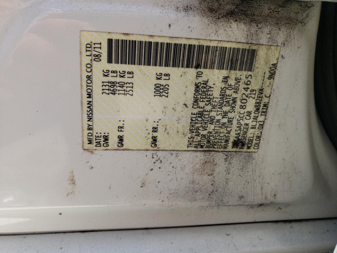 Photo 10 from auction – 2012 NISSAN MAXIMA S with VIN 1N4AA5AP5CC802465