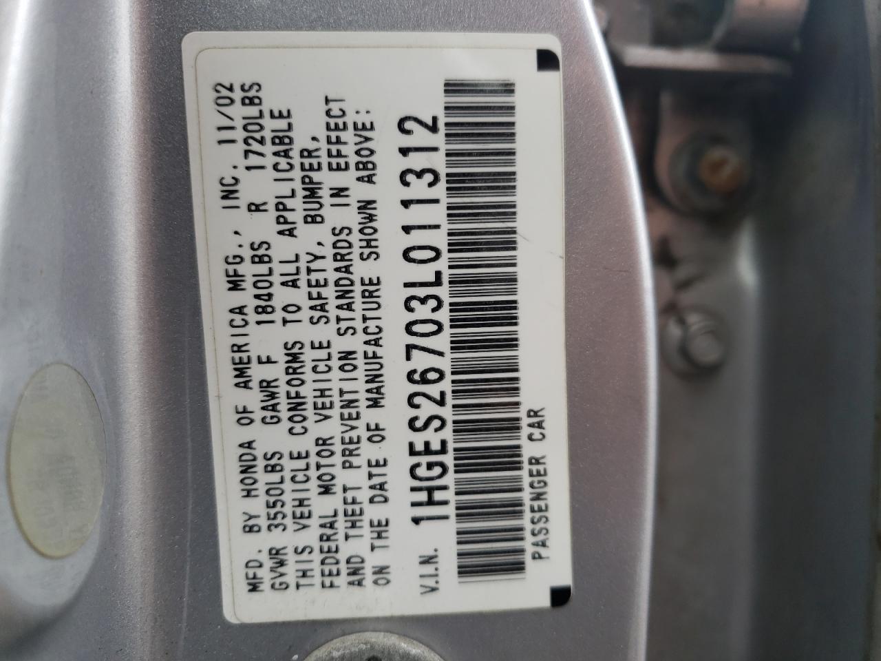 Photo 10 from auction – 2003 HONDA CIVIC EX with VIN 1HGES26703L011312