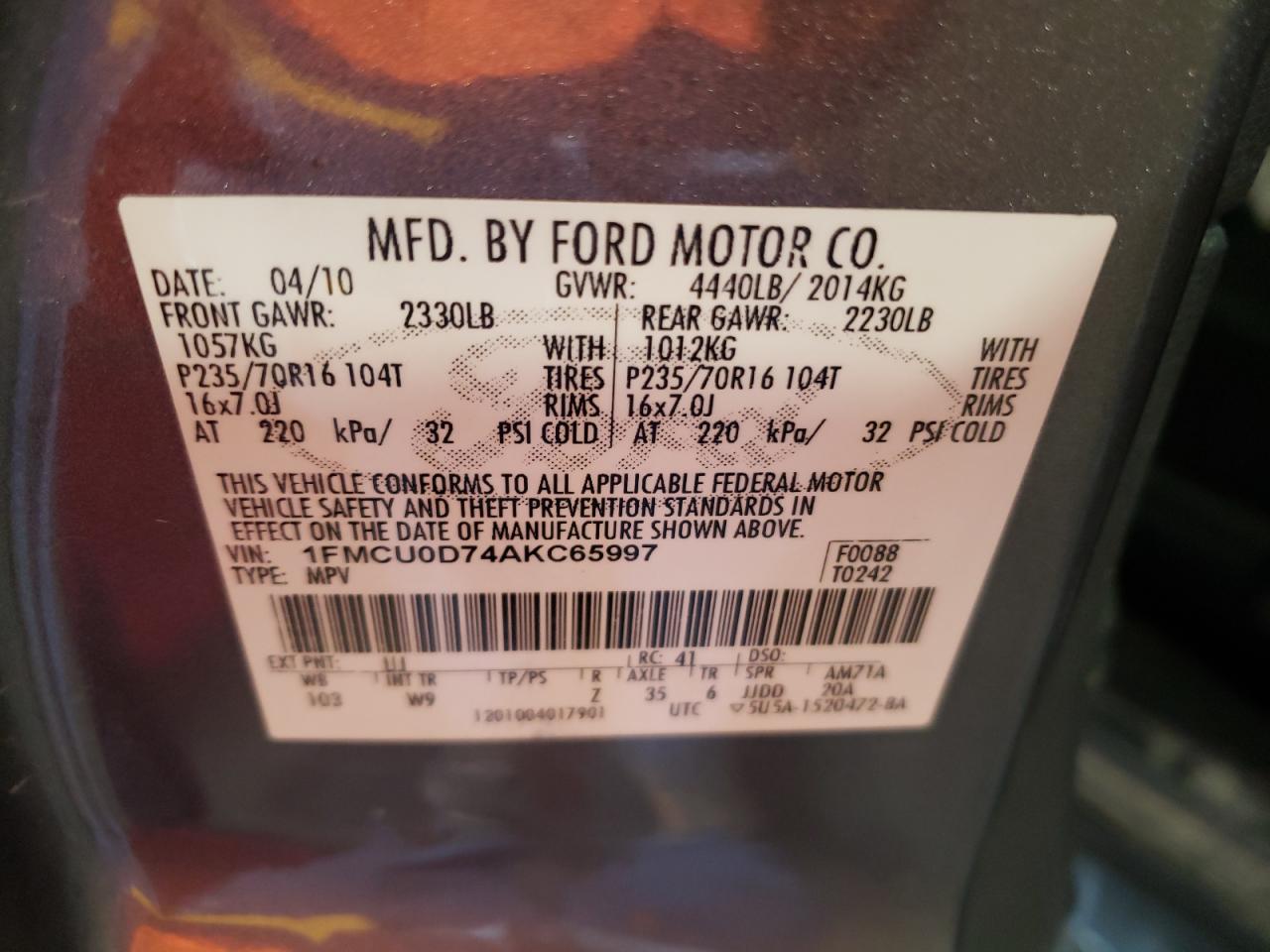 Photo 10 from auction – 2010 FORD ESCAPE XLT with VIN 1FMCU0D74AKC65997