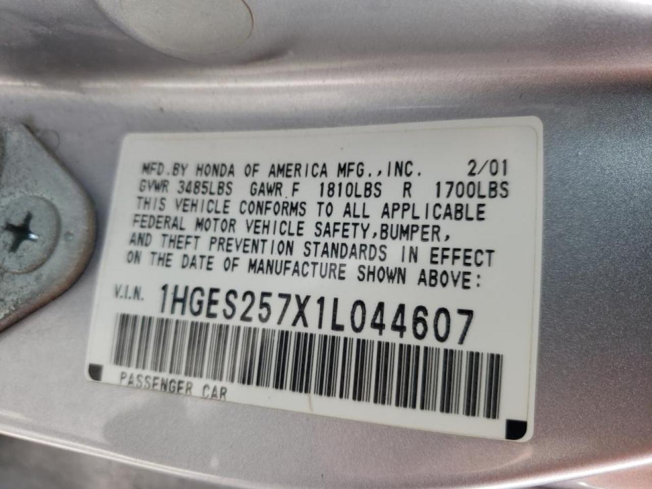 Photo 10 from auction – 2001 HONDA CIVIC EX with VIN 1HGES257X1L044607