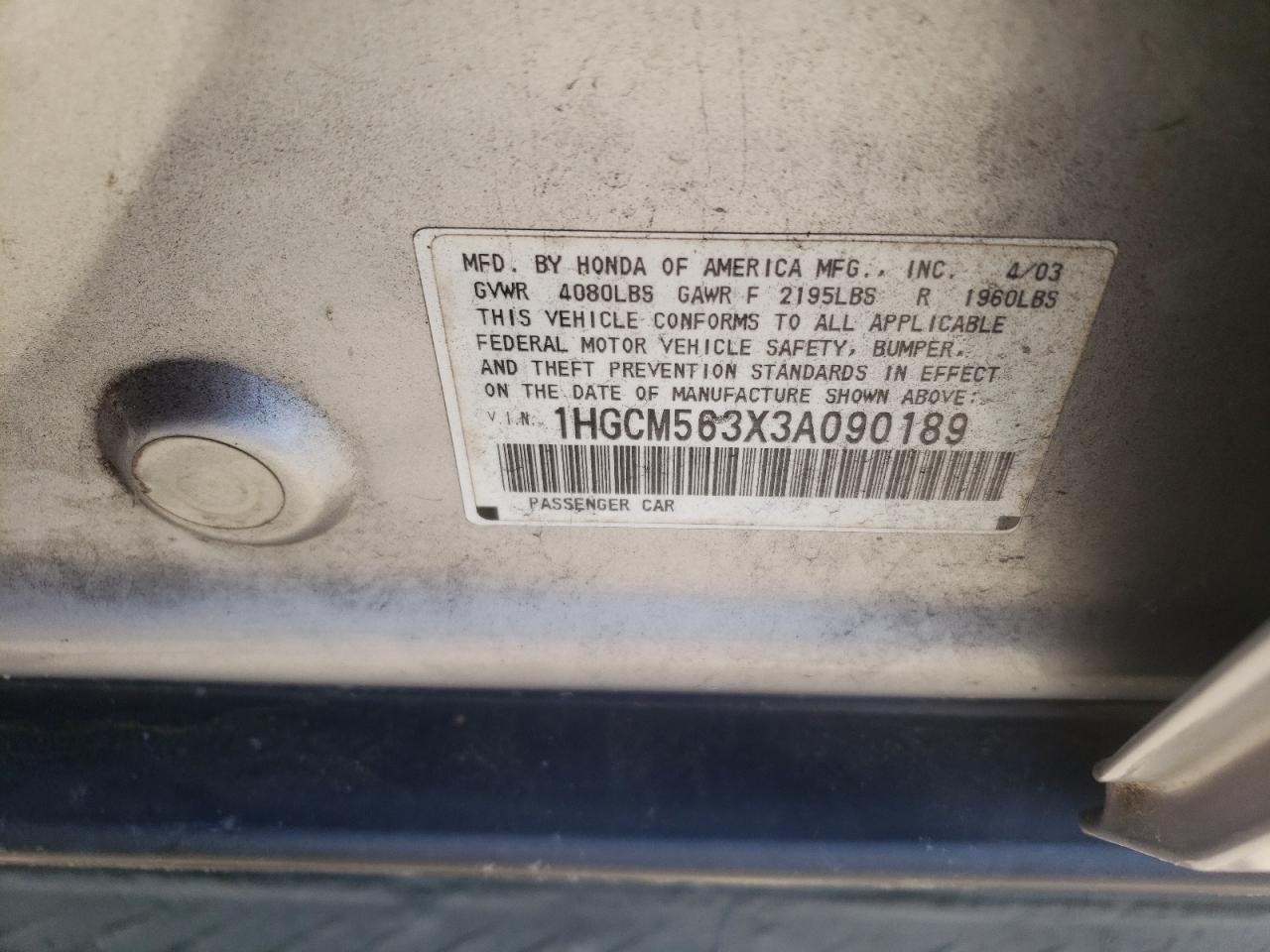 Photo 11 from auction – 2003 HONDA ACCORD LX with VIN 1HGCM563X3A090189