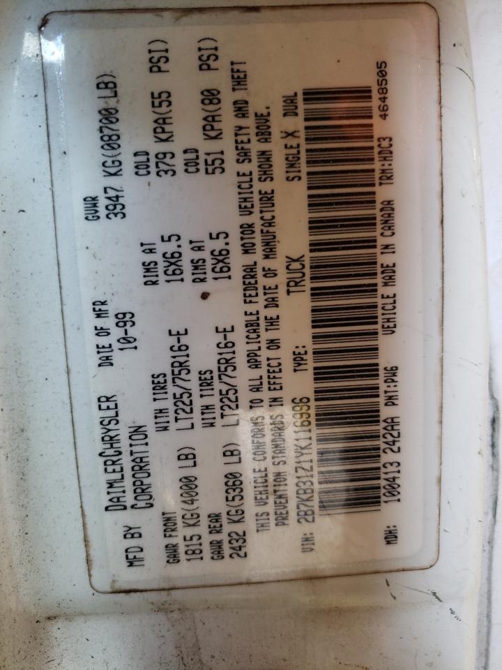 Photo 10 from auction – 2000 DODGE RAM VAN B3 with VIN 2B7KB31Z1YK116996