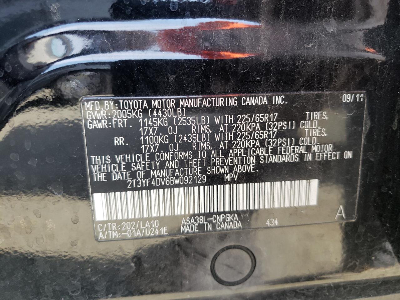 Photo 10 from auction – 2011 TOYOTA RAV4 LIMIT with VIN 2T3YF4DV6BW092129