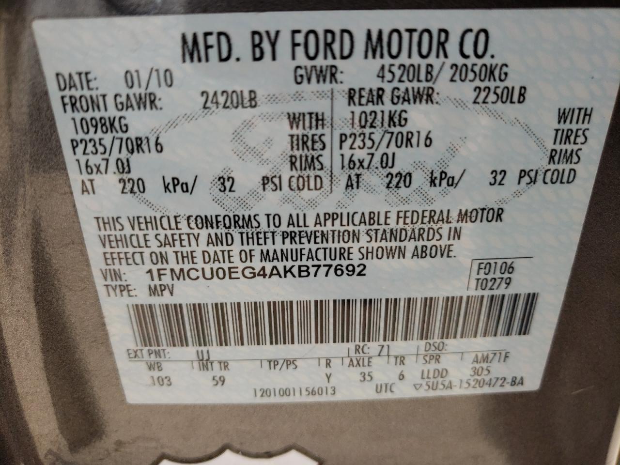 Photo 10 from auction – 2010 FORD ESCAPE LIM with VIN 1FMCU0EG4AKB77692