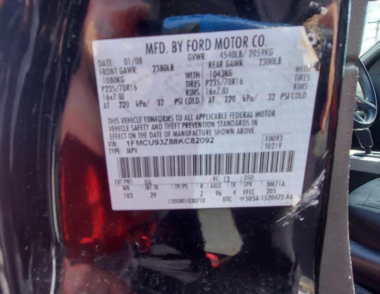 Photo 10 from auction – 2008 FORD ESCAPE XLT with VIN 1FMCU93Z88KC82092