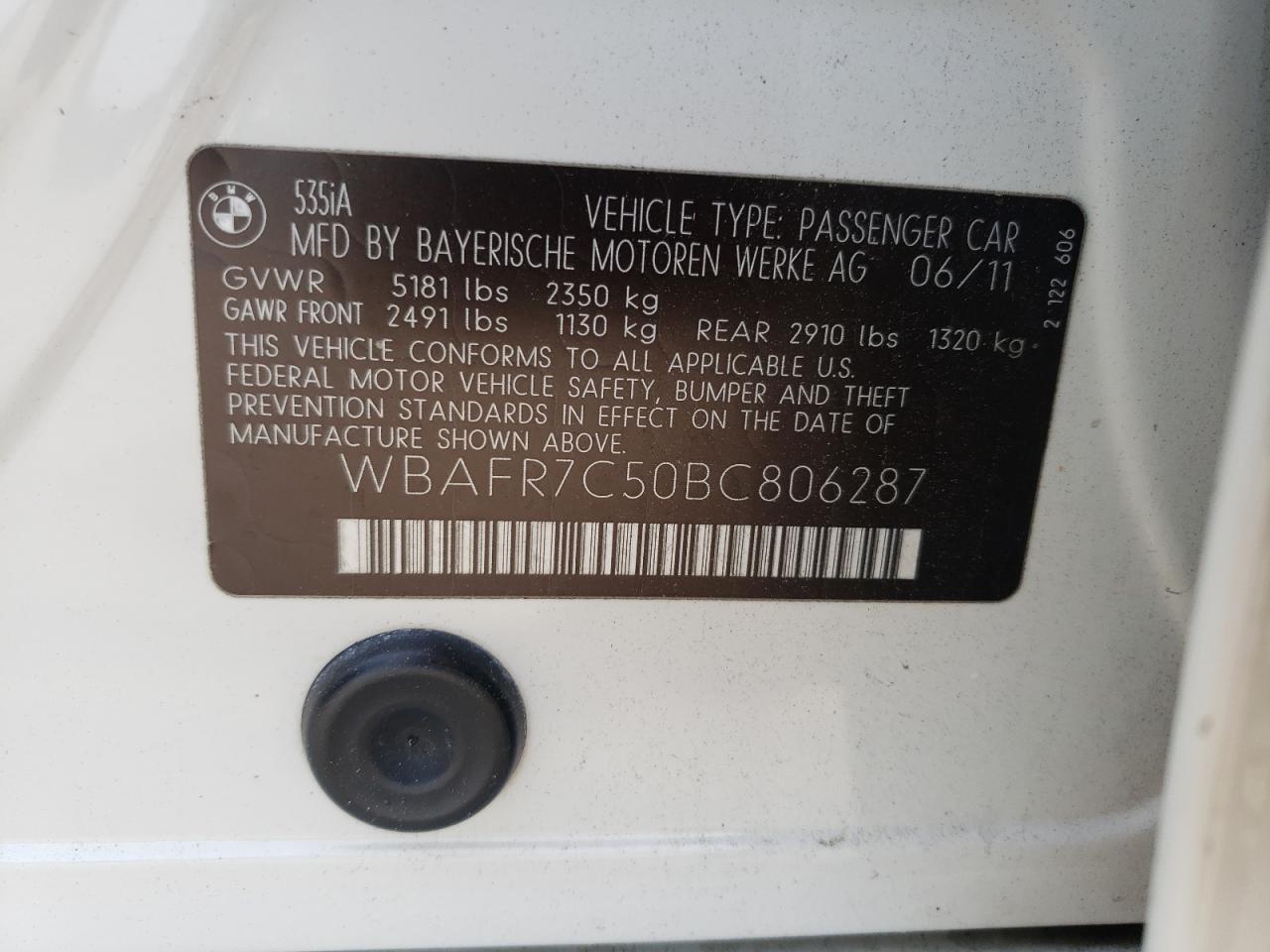 Photo 10 from auction – 2011 BMW 535 I with VIN WBAFR7C50BC806287