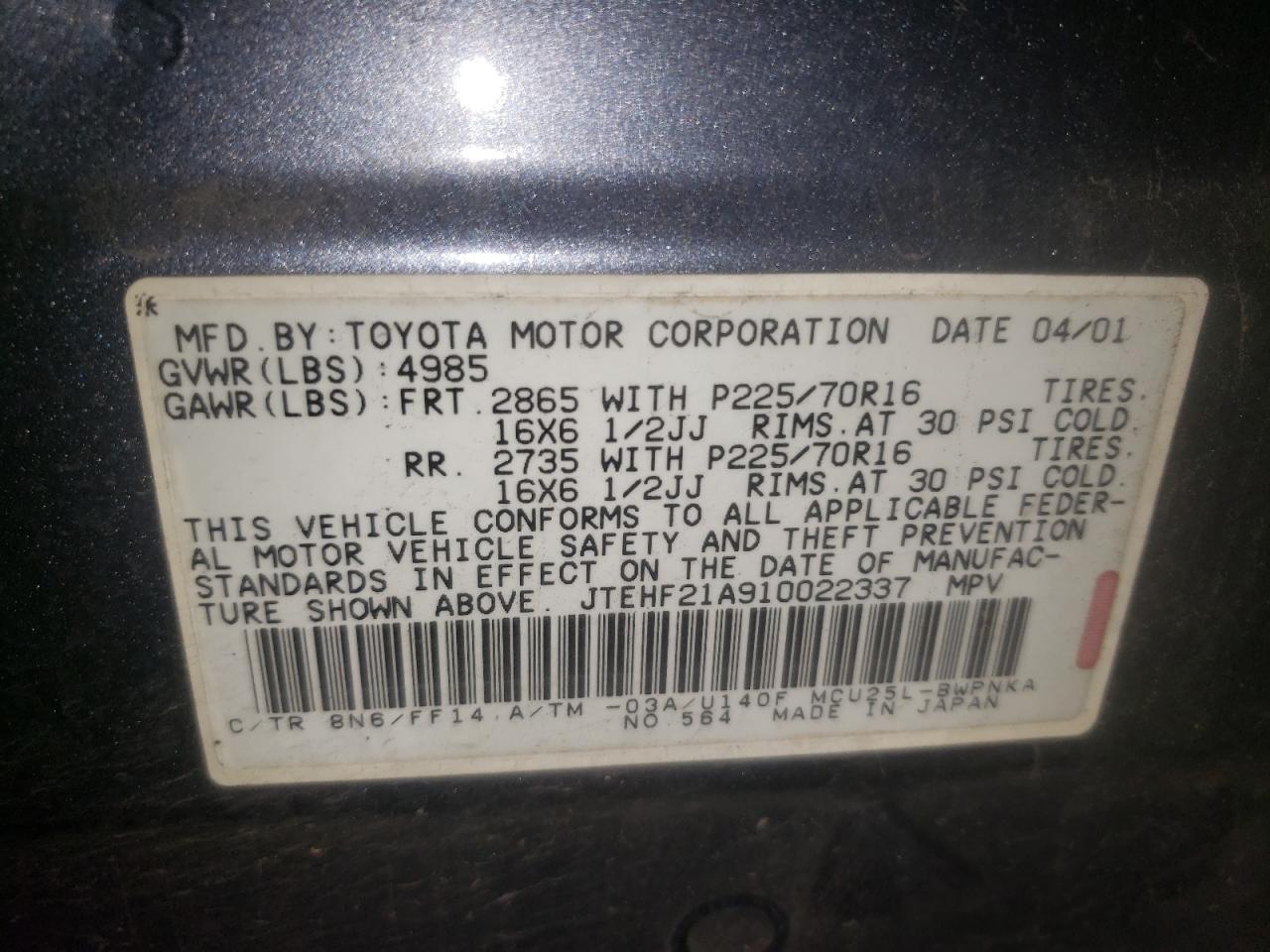 Photo 10 from auction – 2001 TOYOTA HIGHLANDER with VIN JTEHF21A910022337