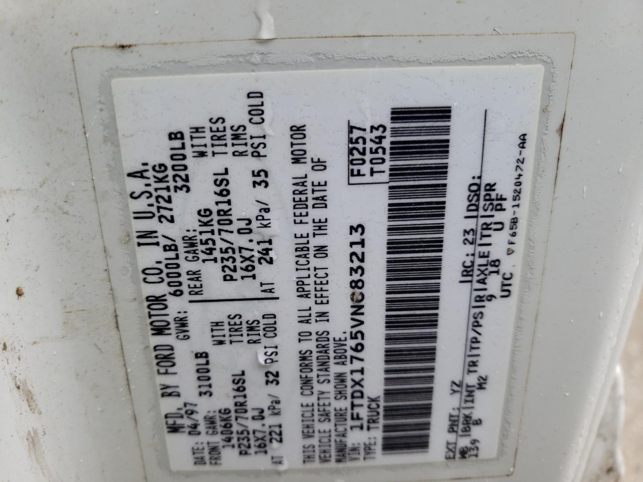 Photo 10 from auction – 1997 FORD F150 with VIN 1FTDX1765VNC83213