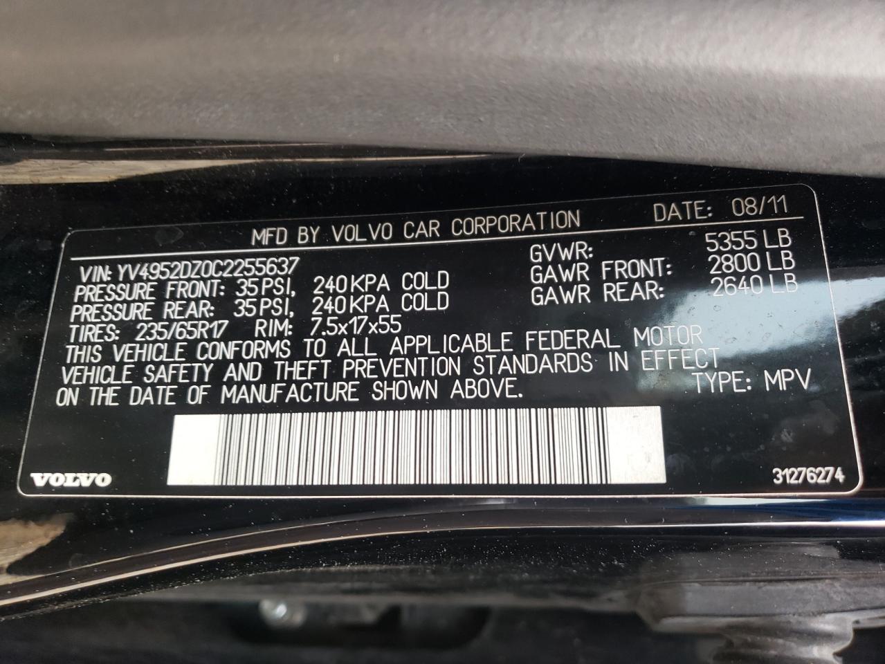 Photo 10 from auction – 2012 VOLVO XC60 3.2 with VIN YV4952DZ0C2255637