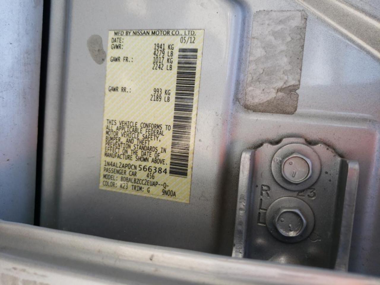 Photo 10 from auction – 2012 NISSAN ALTIMA BAS with VIN 1N4AL2AP0CN566384