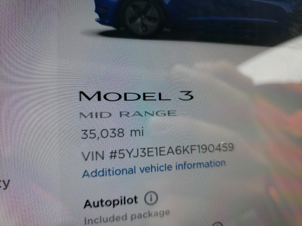 Photo 8 from auction – 2019 TESLA MODEL 3 with VIN 5YJ3E1EA6KF190459