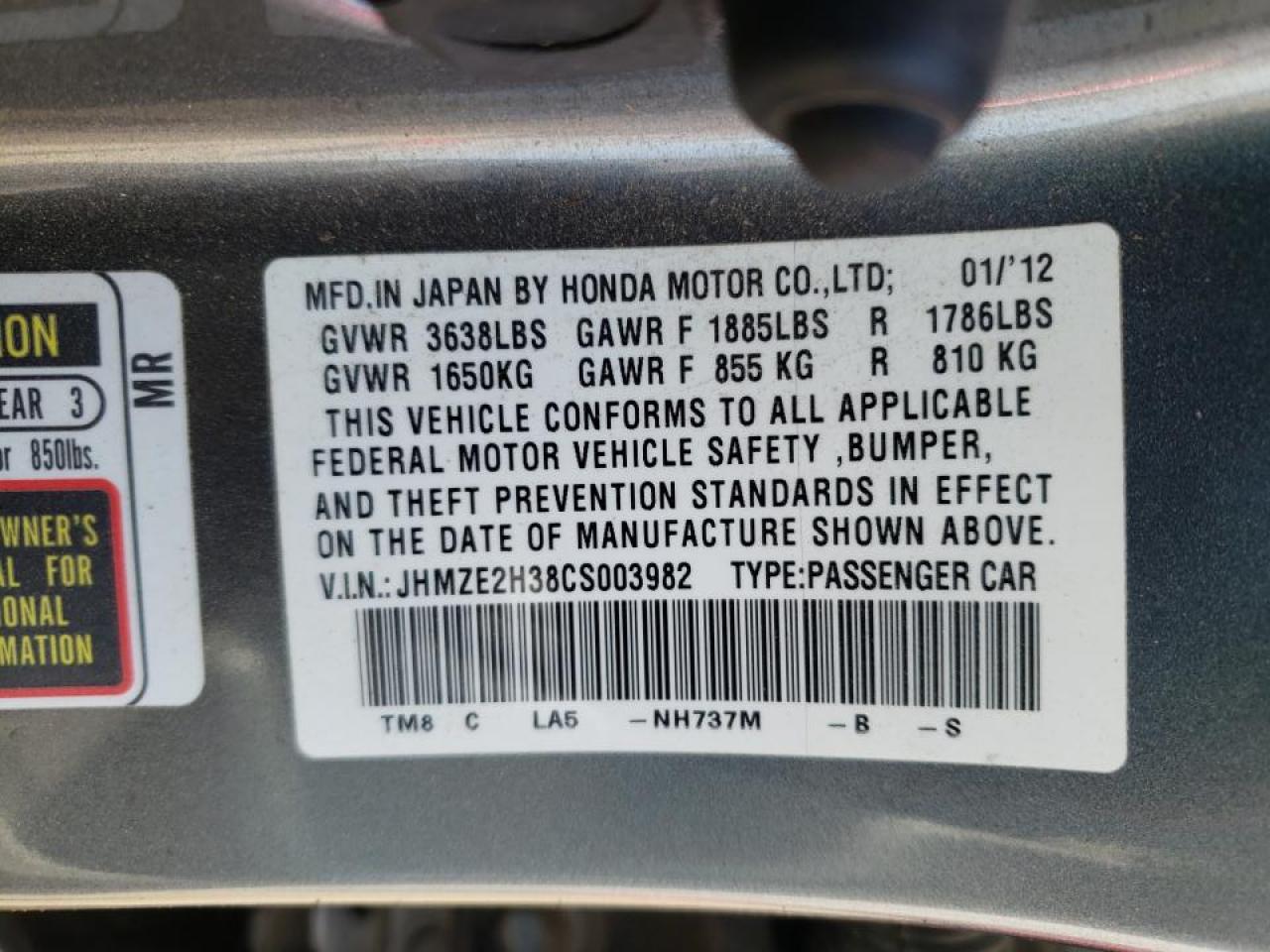 Photo 10 from auction – 2012 HONDA INSIGHT with VIN JHMZE2H38CS003982
