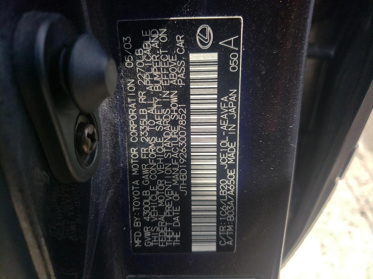Photo 10 from auction – 2003 LEXUS IS 300 with VIN JTHBD192630078521