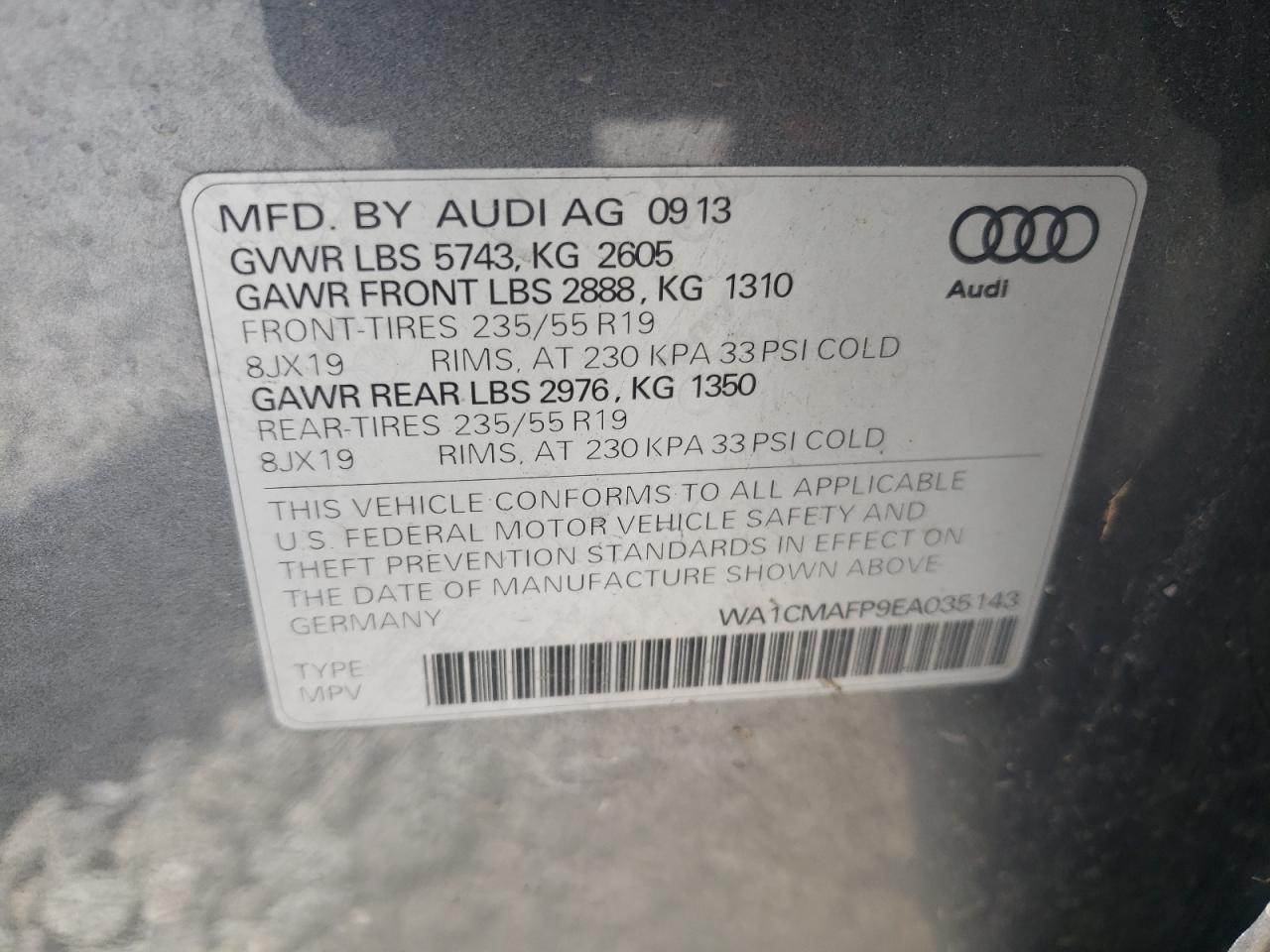 Photo 10 from auction – 2014 AUDI Q5 TDI PRE with VIN WA1CMAFP9EA035143