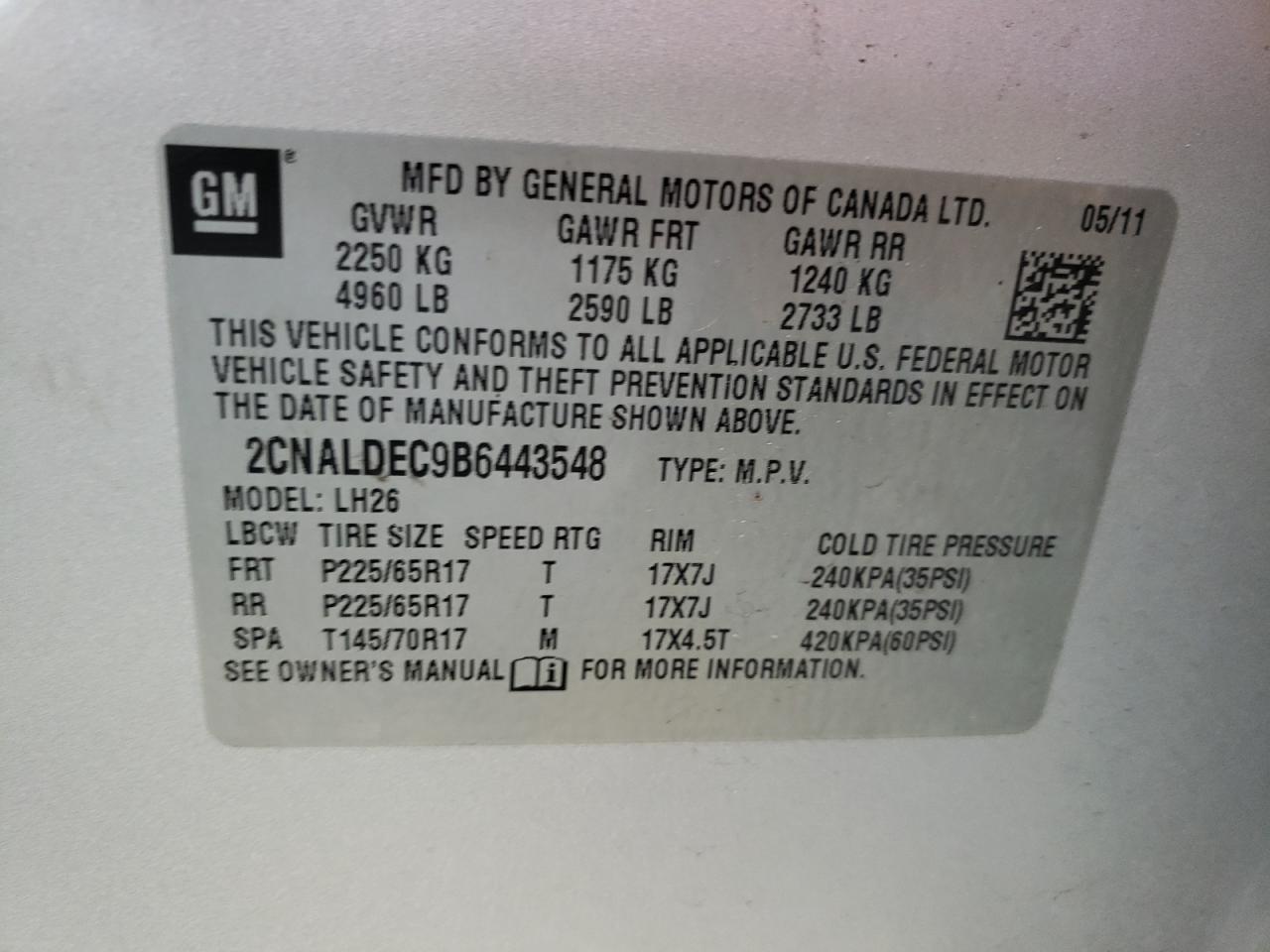 Photo 10 from auction – 2011 CHEVROLET EQUINOX LT with VIN 2CNALDEC9B6443548