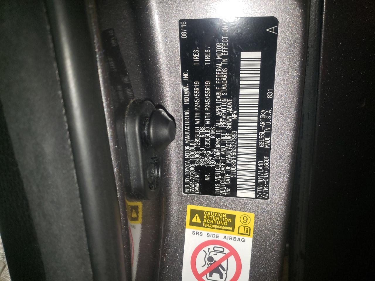 Photo 10 from auction – 2016 TOYOTA HIGHLANDER with VIN 5TDDKRFH8GS327993