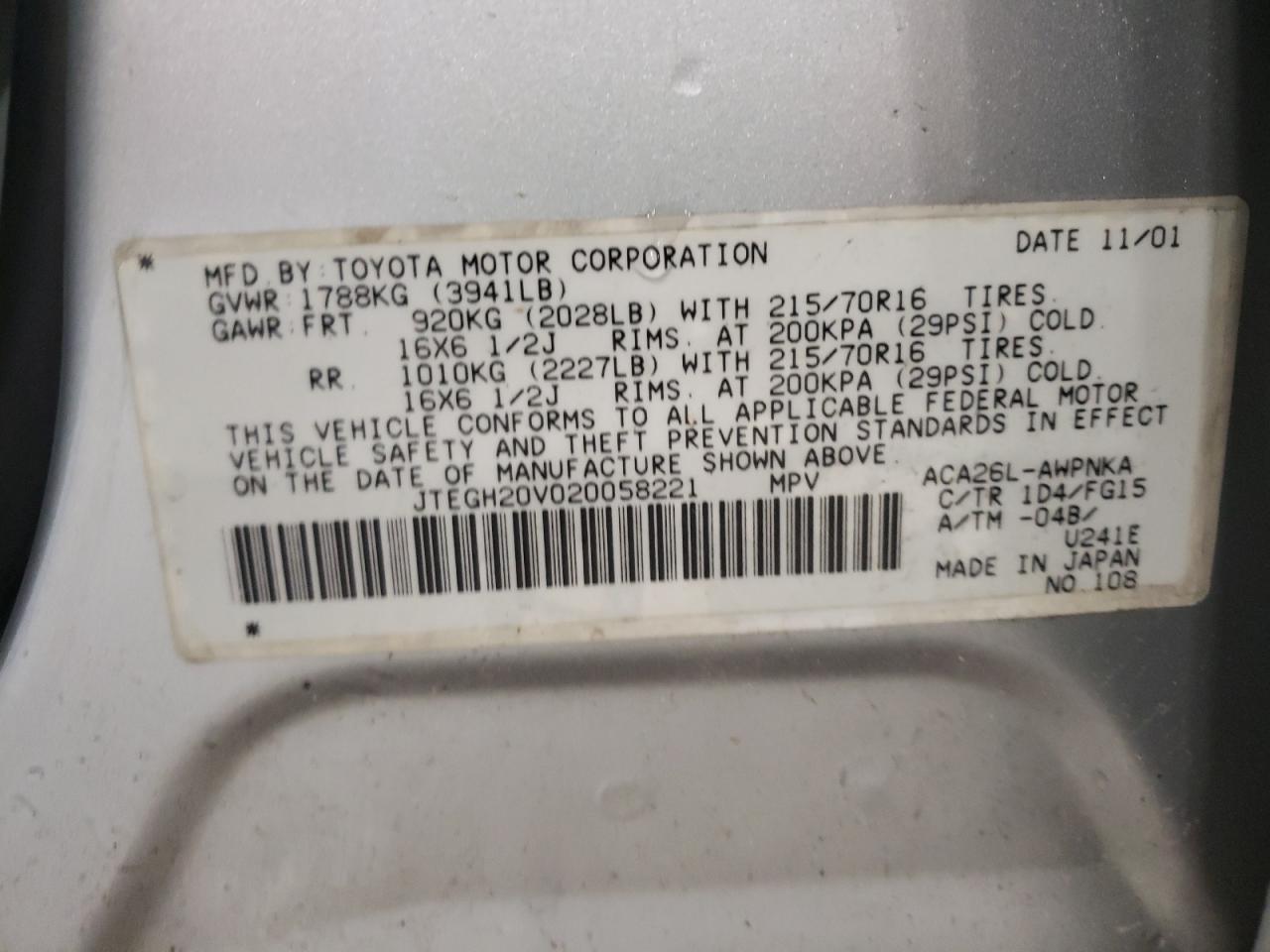 Photo 10 from auction – 2002 TOYOTA RAV4 with VIN JTEGH20V020058221