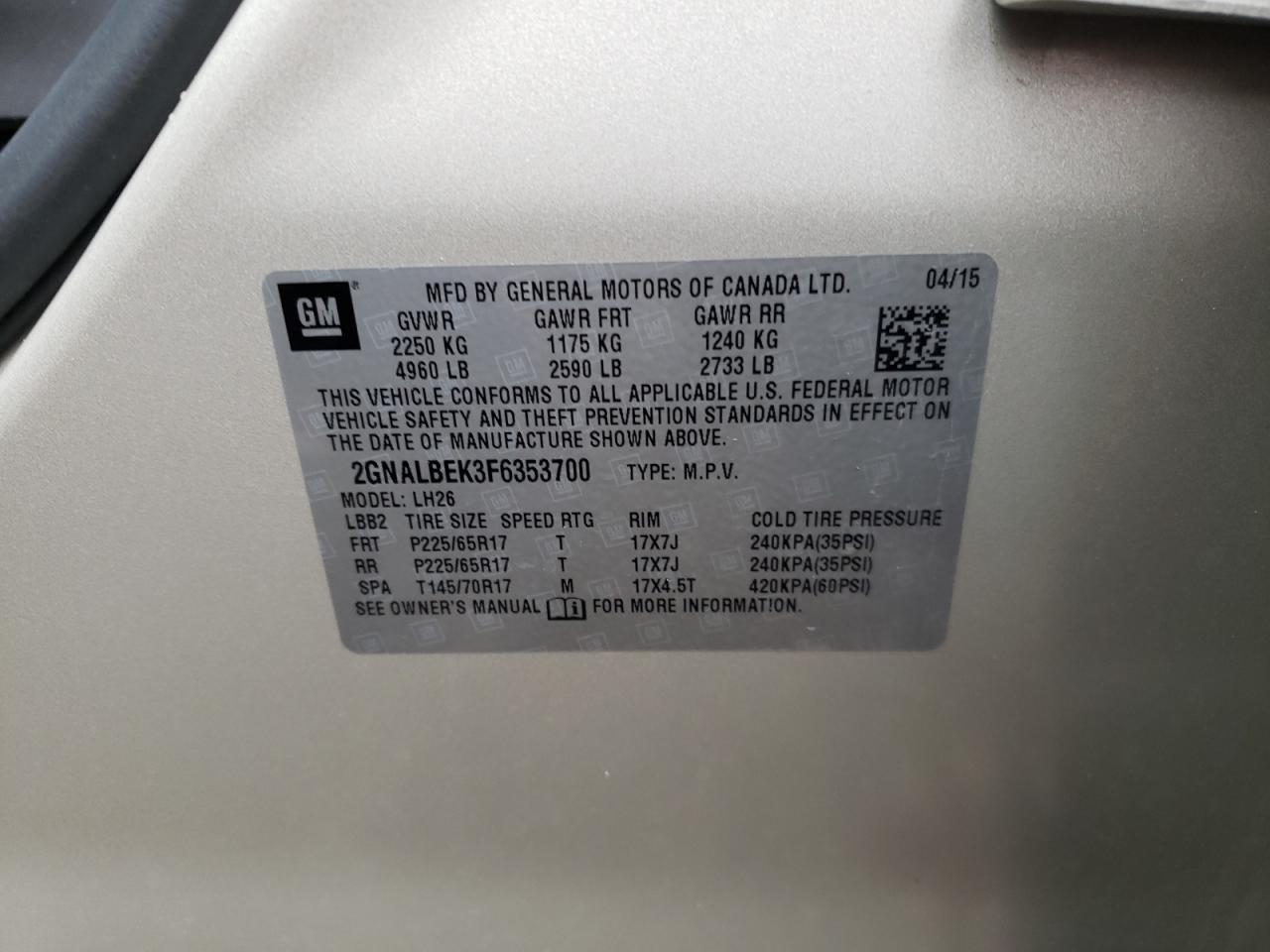 Photo 10 from auction – 2015 CHEVROLET EQUINOX LT with VIN 2GNALBEK3F6353700