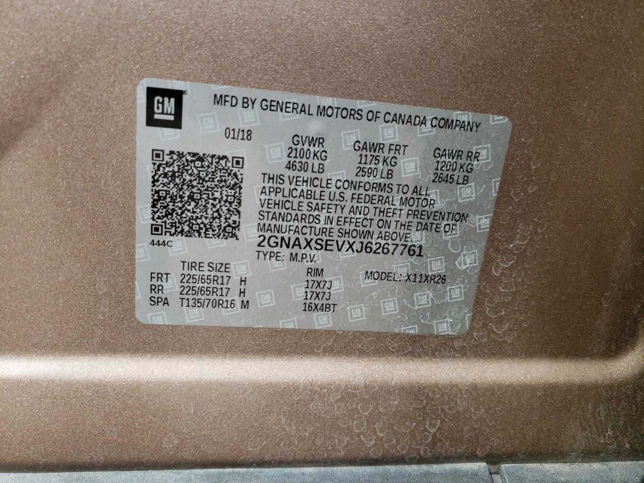 Photo 10 from auction – 2018 CHEVROLET EQUINOX LT with VIN 2GNAXSEVXJ6267761