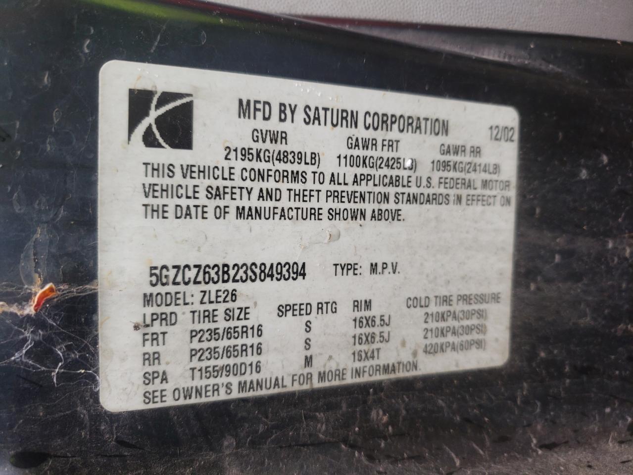 Photo 10 from auction – 2003 SATURN VUE with VIN 5GZCZ63B23S849394