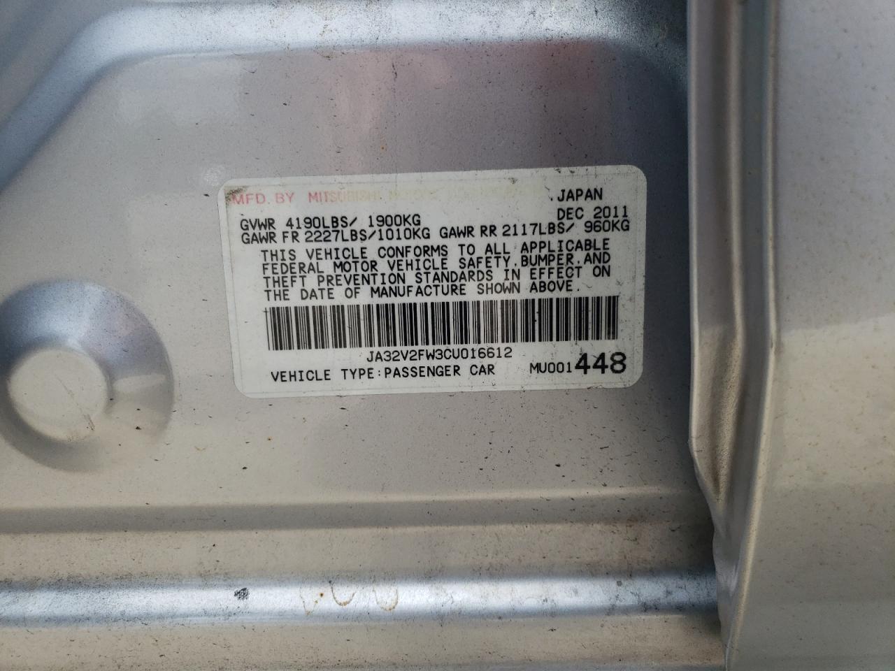 Photo 10 from auction – 2012 MITSUBISHI LANCER SE with VIN JA32V2FW3CU016612