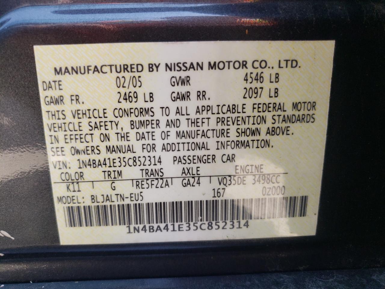 Photo 10 from auction – 2005 NISSAN MAXIMA SE with VIN 1N4BA41E35C852314