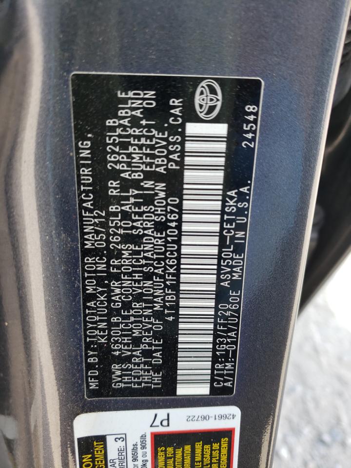 Photo 10 from auction – 2012 TOYOTA CAMRY BASE with VIN 4T1BF1FK6CU104670