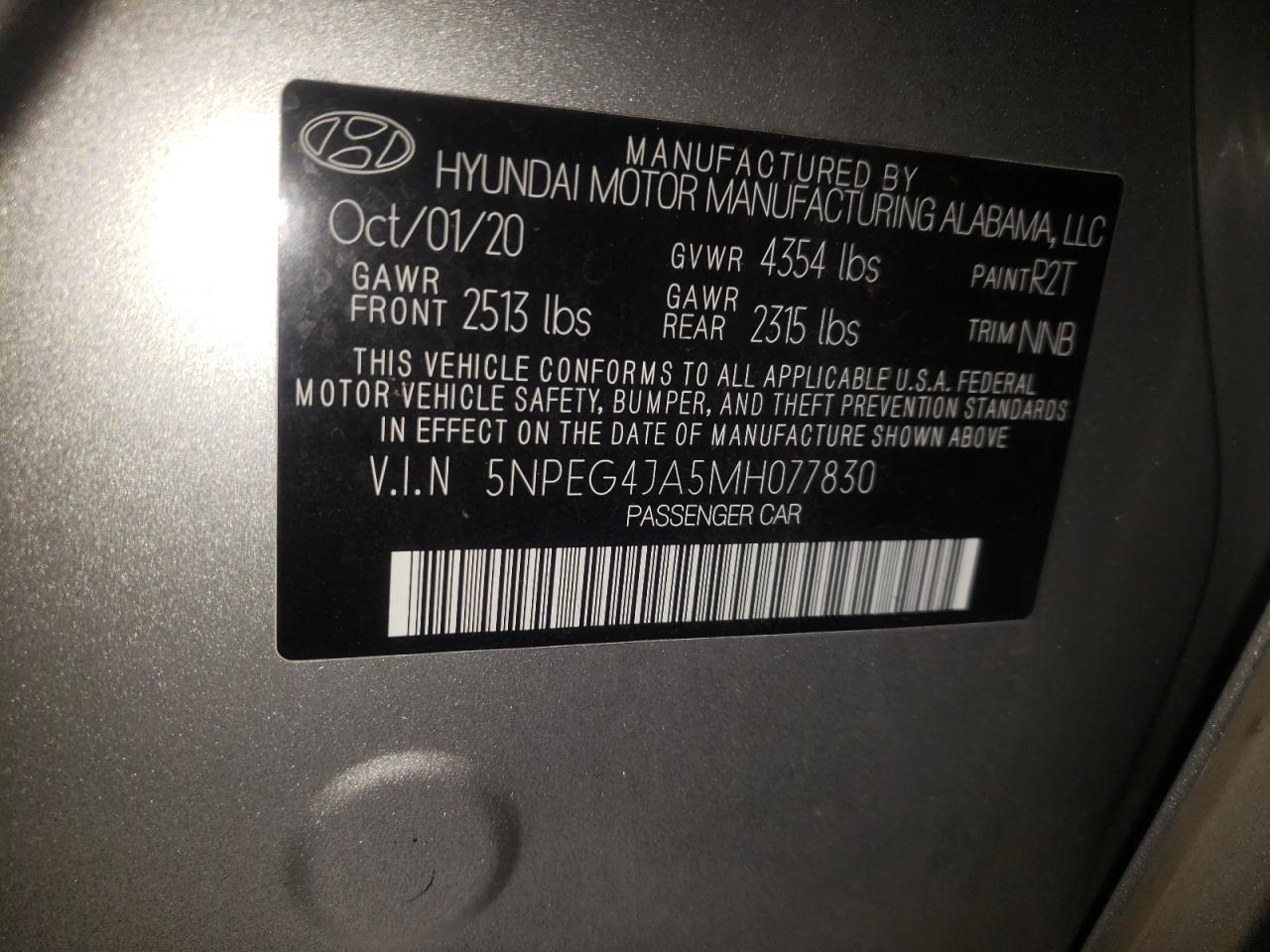 Photo 10 from auction – 2021 HYUNDAI SONATA SE with VIN 5NPEG4JA5MH077830