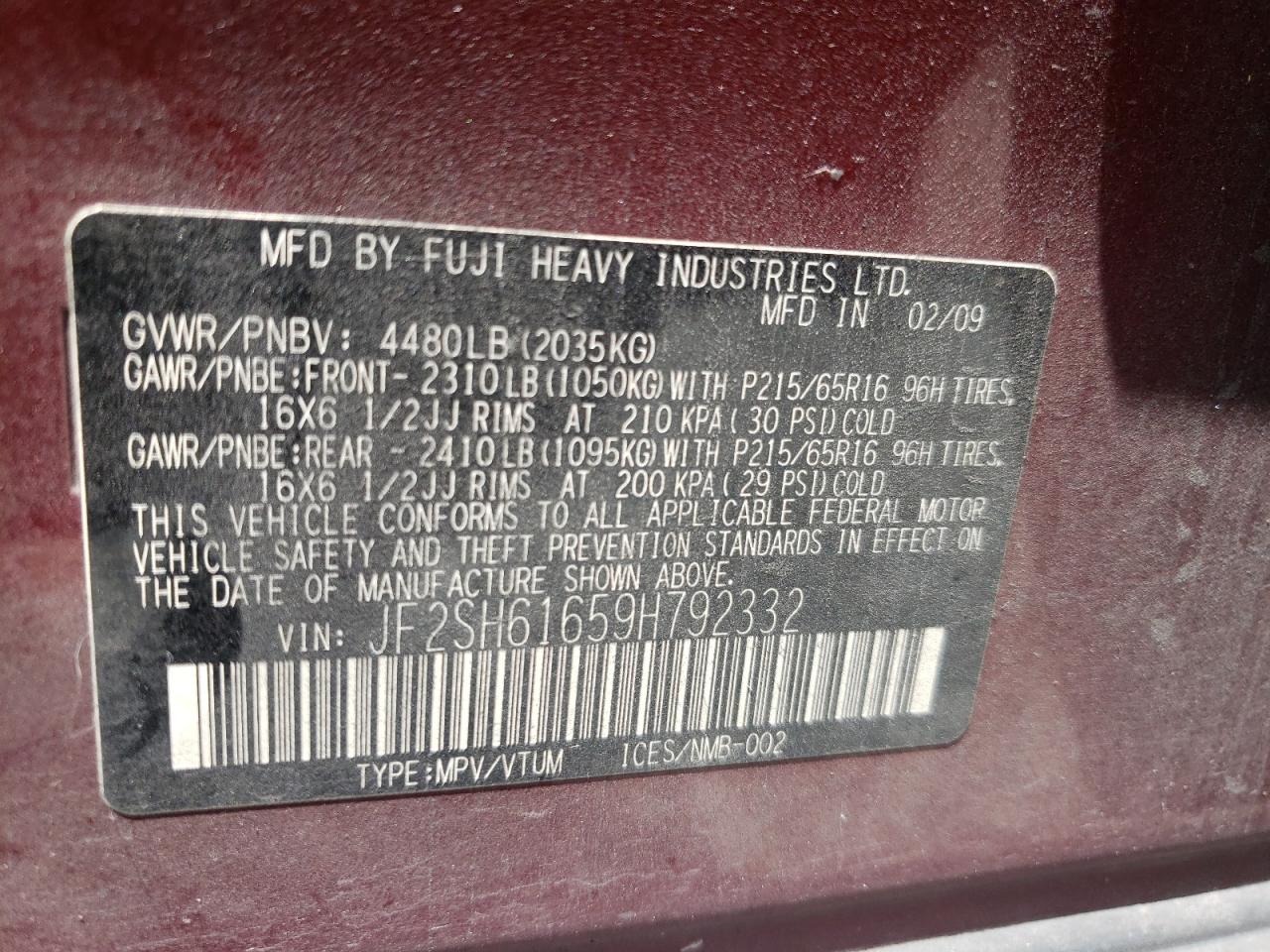 Photo 10 from auction – 2009 SUBARU FORESTER 2 with VIN JF2SH61659H792332