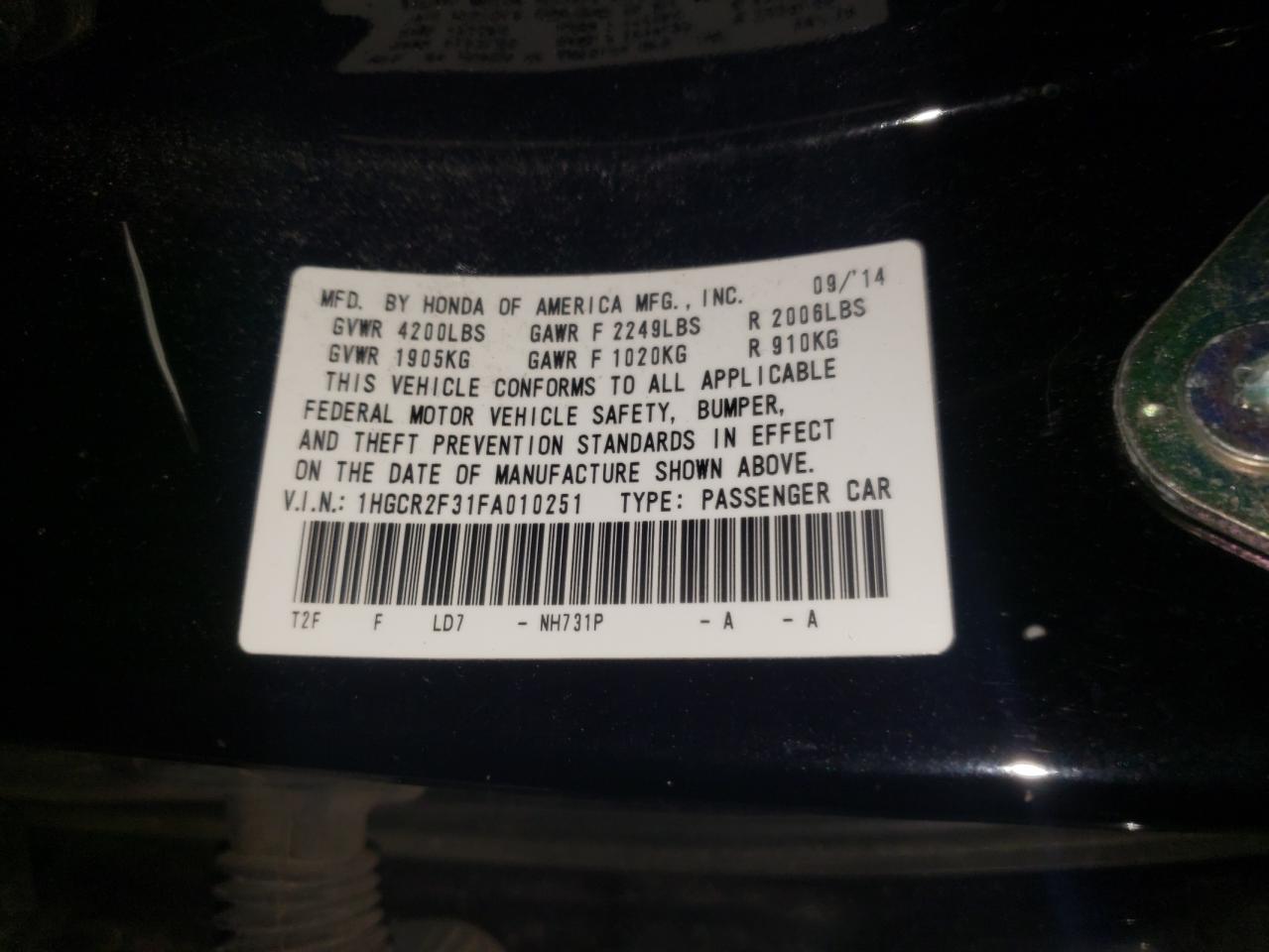 Photo 10 from auction – 2015 HONDA ACCORD LX with VIN 1HGCR2F31FA010251