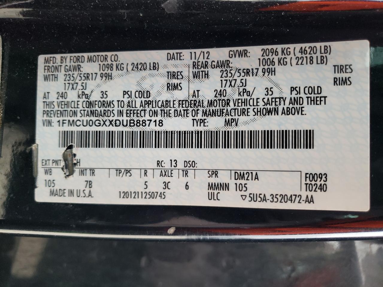 Photo 10 from auction – 2013 FORD ESCAPE SE with VIN 1FMCU0GXXDUB88718