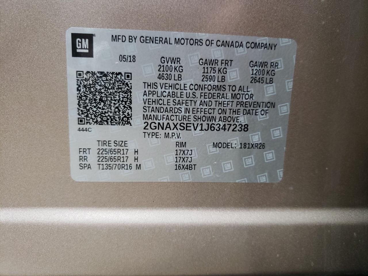 Photo 10 from auction – 2018 CHEVROLET EQUINOX LT with VIN 2GNAXSEV1J6347238