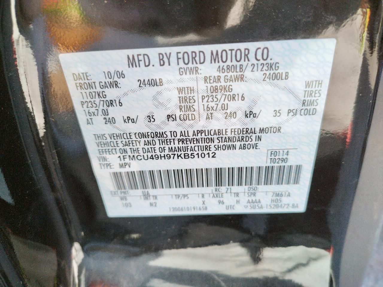 Photo 10 from auction – 2007 FORD ESCAPE HEV with VIN 1FMCU49H97KB51012