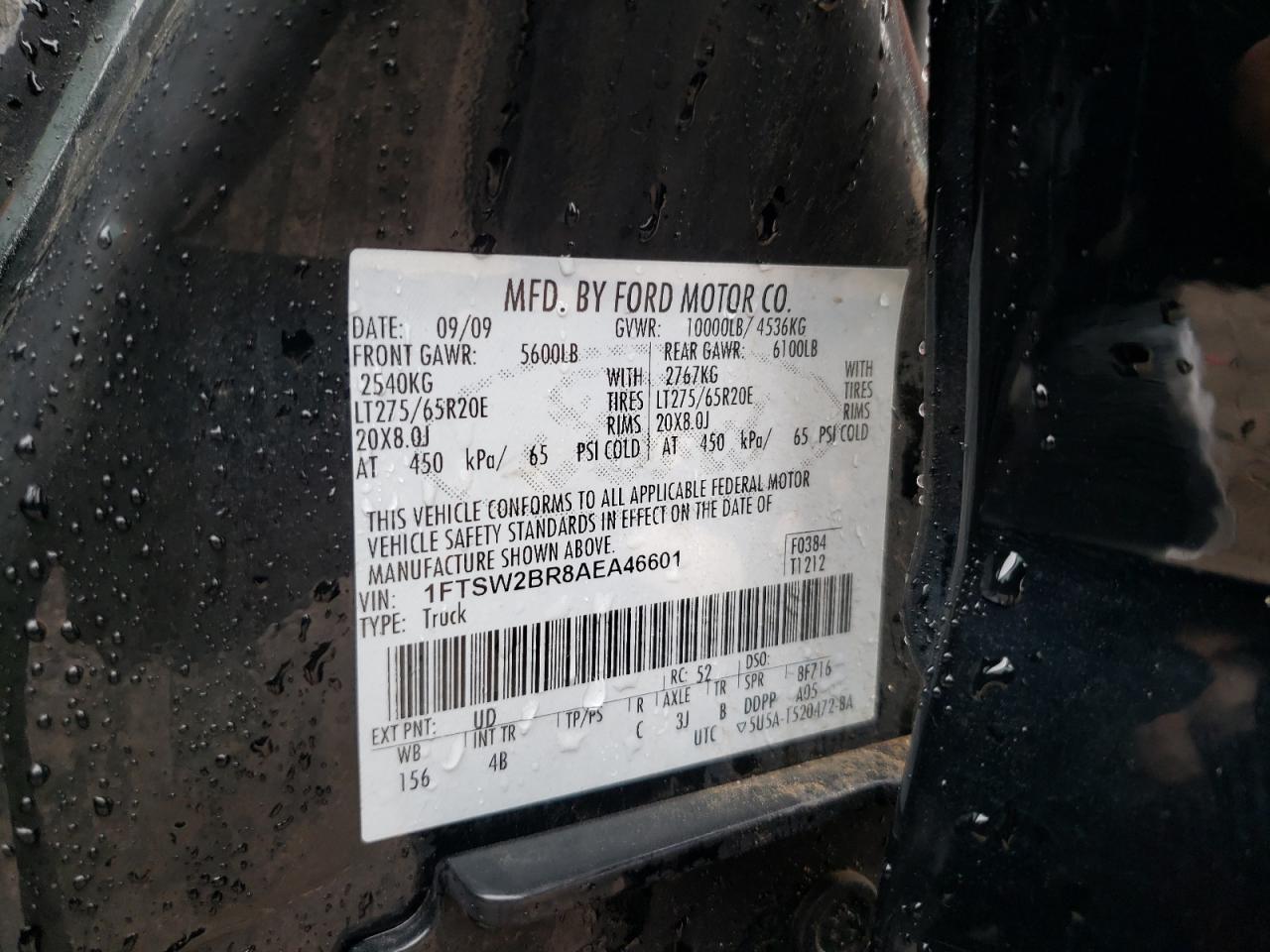 Photo 10 from auction – 2010 FORD F250 SUPER with VIN 1FTSW2BR8AEA46601