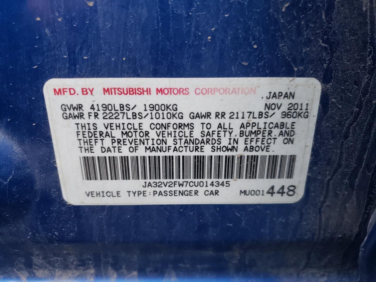 Photo 10 from auction – 2012 MITSUBISHI LANCER SE with VIN JA32V2FW7CU014345